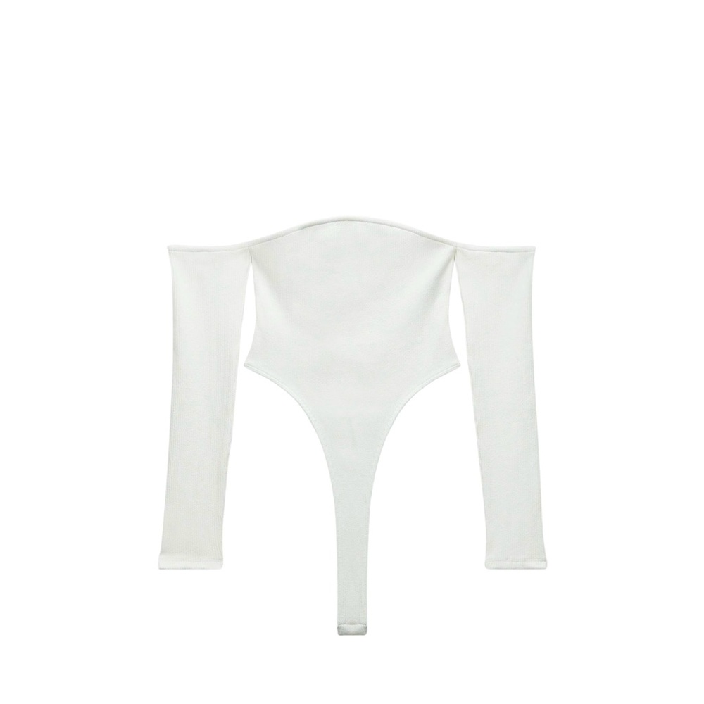 Rib straight neck bodysuit in Oyster white